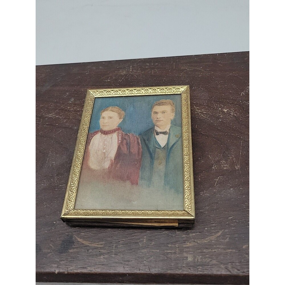 Vtg Miniature Painting Victorian Couple Goldtone Frame Antique? Woman Red Dress